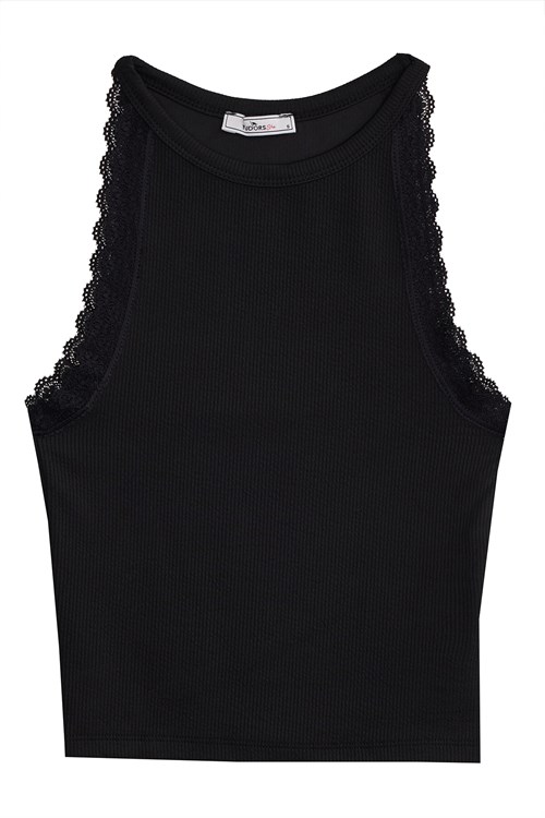 Kadın Slim Fit Dar Kesim Halter Yaka Kolsuz Dantel Detaylı Siyah Atlet Bluz