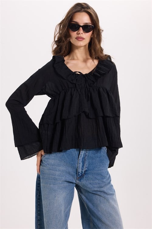 Kadın Slim Fit Dar Kesim V Yaka Fırfır Detaylı Uzun Kol Siyah Bluz 