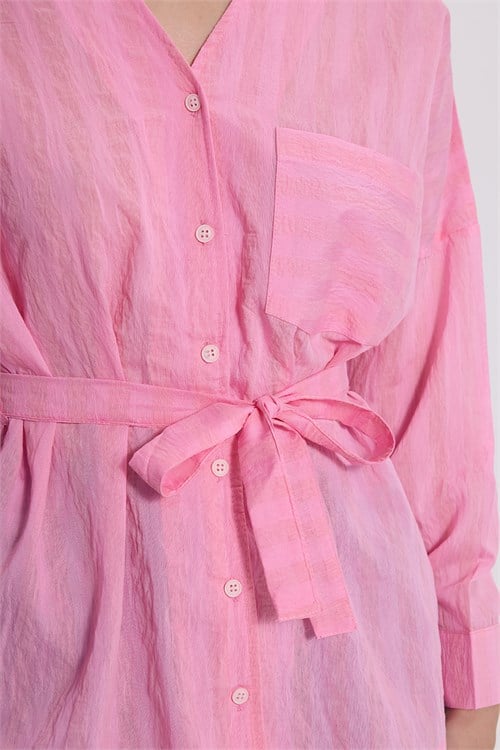 Kadın Oversize Geniş Kesim Uzun Kollu Pamuklu Beli Kuşaklı Çizgili Cepli Pembe Gömlek