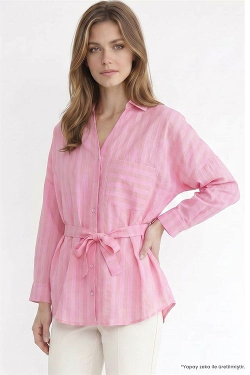 Kadın Oversize Geniş Kesim Uzun Kollu Pamuklu Beli Kuşaklı Çizgili Cepli Pembe Gömlek 