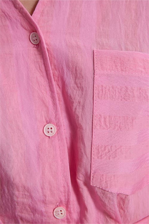 Kadın Oversize Geniş Kesim Uzun Kollu Pamuklu Beli Kuşaklı Çizgili Cepli Pembe Gömlek