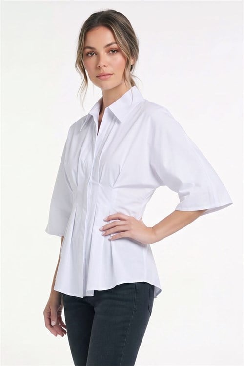 Kadın Regular Fit Klasik Kesim Kısa Kollu Terycotton Kumaş Pileli Beyaz Gömlek