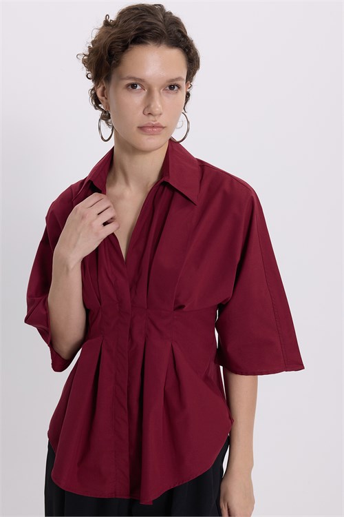 Kadın Regular Fit Klasik Kesim Kısa Kollu Terycotton Kumaş Pileli Bordo Gömlek