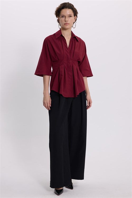Kadın Regular Fit Klasik Kesim Kısa Kollu Terycotton Kumaş Pileli Bordo Gömlek