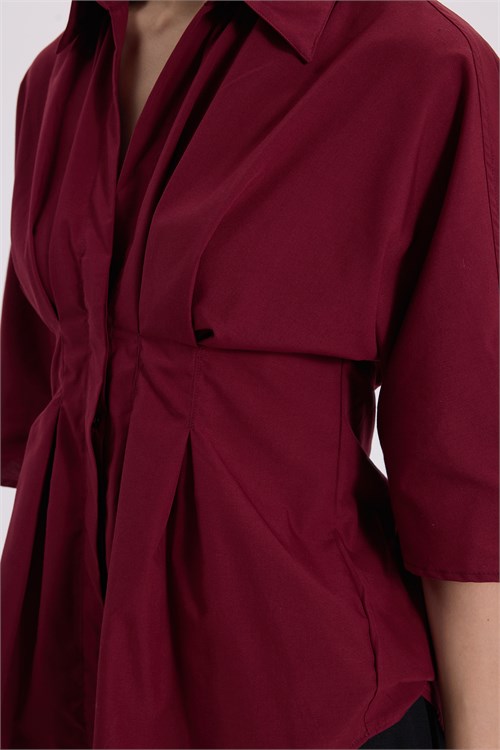 Kadın Regular Fit Klasik Kesim Kısa Kollu Terycotton Kumaş Pileli Bordo Gömlek