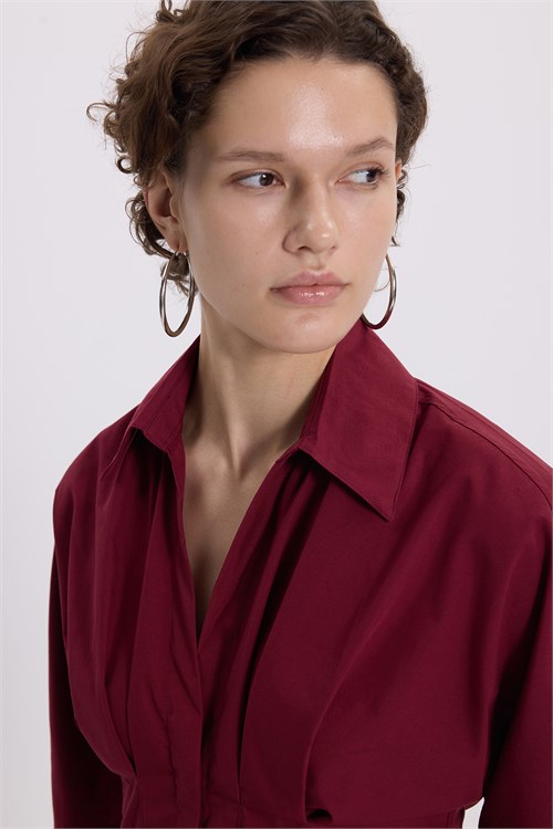 Kadın Regular Fit Klasik Kesim Kısa Kollu Terycotton Kumaş Pileli Bordo Gömlek