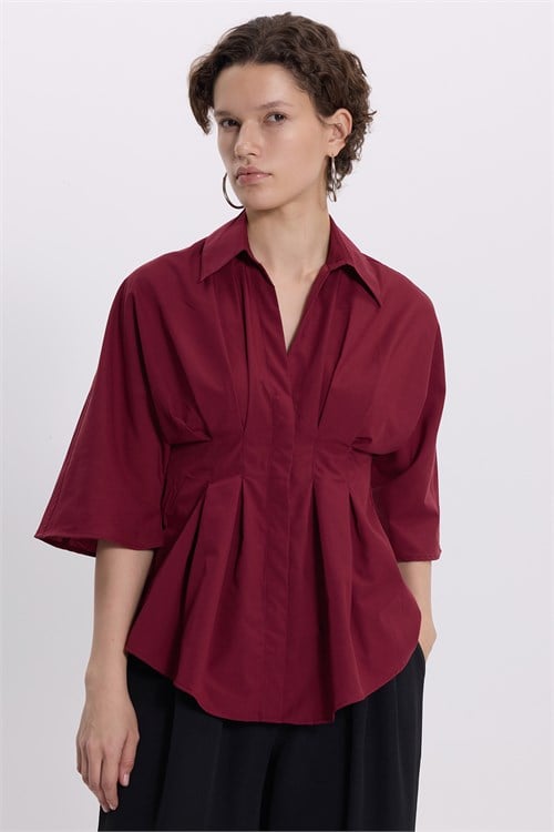 Kadın Regular Fit Klasik Kesim Kısa Kollu Terycotton Kumaş Pileli Bordo Gömlek