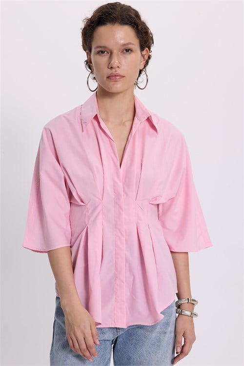 Kadın Regular Fit Klasik Kesim Kısa Kollu Terycotton Kumaş Pileli Pembe Gömlek