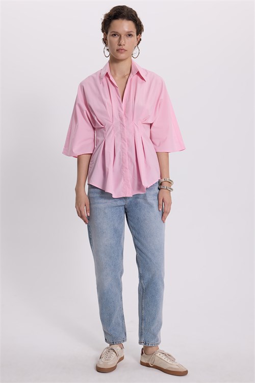 Kadın Regular Fit Klasik Kesim Kısa Kollu Terycotton Kumaş Pileli Pembe Gömlek