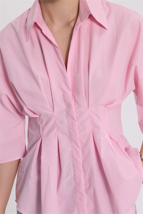 Kadın Regular Fit Klasik Kesim Kısa Kollu Terycotton Kumaş Pileli Pembe Gömlek