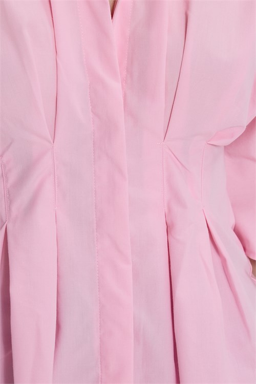 Kadın Regular Fit Klasik Kesim Kısa Kollu Terycotton Kumaş Pileli Pembe Gömlek