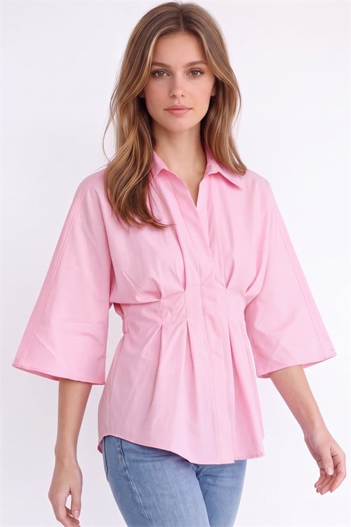 Kadın Regular Fit Klasik Kesim Kısa Kollu Terycotton Kumaş Pileli Pembe Gömlek