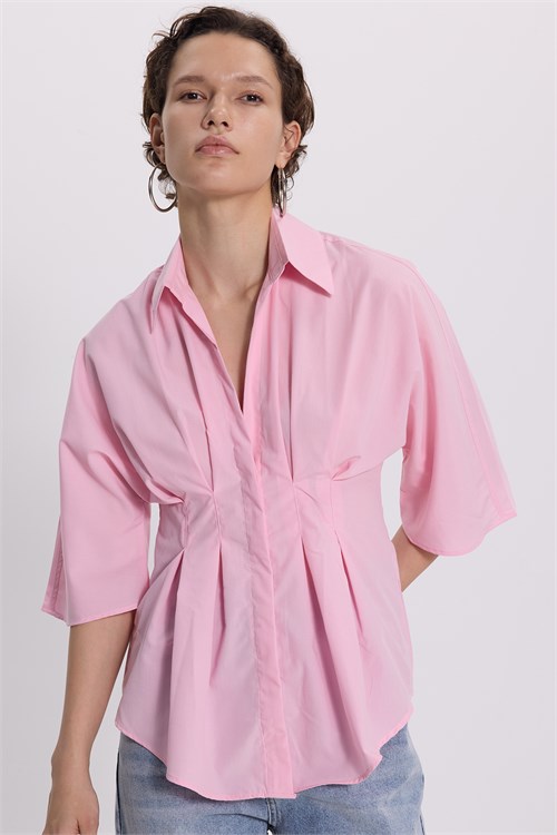 Kadın Regular Fit Klasik Kesim Kısa Kollu Terycotton Kumaş Pileli Pembe Gömlek