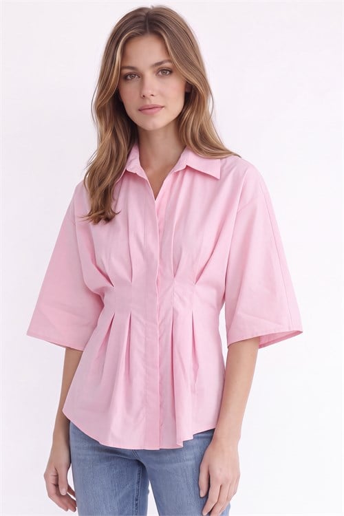 Kadın Regular Fit Klasik Kesim Kısa Kollu Terycotton Kumaş Pileli Pembe Gömlek