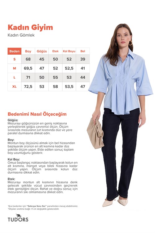 Kadın Regular Fit Klasik Kesim Kısa Kollu Terycotton Kumaş Pileli Mavi Gömlek