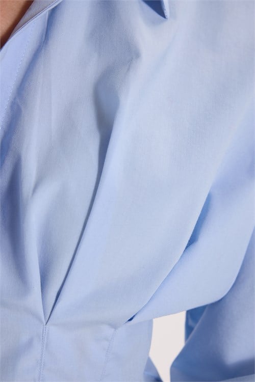 Kadın Regular Fit Klasik Kesim Kısa Kollu Terycotton Kumaş Pileli Mavi Gömlek