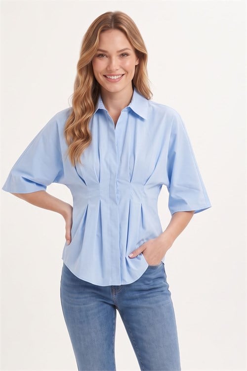 Kadın Regular Fit Klasik Kesim Kısa Kollu Terycotton Kumaş Pileli Mavi Gömlek