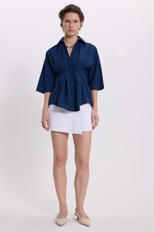 Kadın Regular Fit Klasik Kesim Kısa Kollu Terycotton Kumaş Pileli Lacivert Gömlek