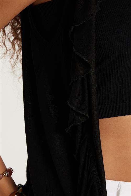 Kadın Slim Fit Dar Kesim Sıfır Kollu V Yaka Siyah Hırka