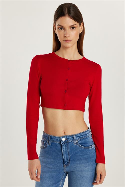 Kadın Slim Fit Dar Kesim Uzun Kollu Bisiklet Yaka Kırmızı Hırka