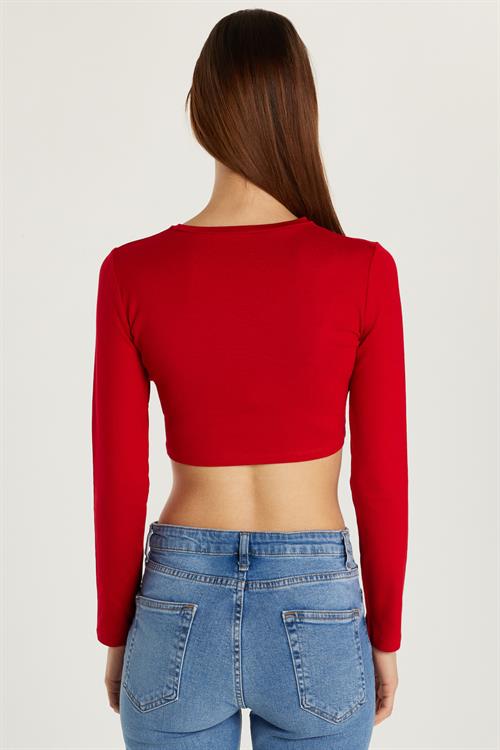 Kadın Slim Fit Dar Kesim Uzun Kollu Bisiklet Yaka Kırmızı Hırka