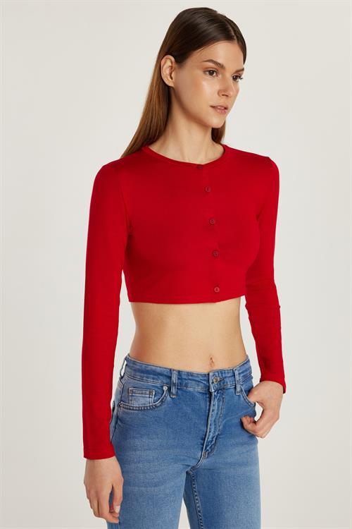 Kadın Slim Fit Dar Kesim Uzun Kollu Bisiklet Yaka Kırmızı Hırka