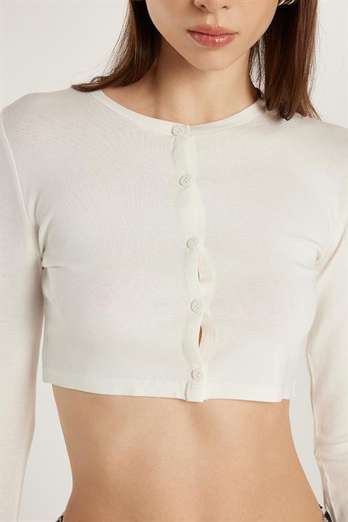 Kadın Slim Fit Dar Kesim Uzun Kollu Bisiklet Yaka Ekru Hırka