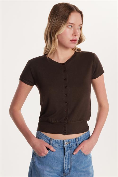 Kadın Slim Fit Dar Kesim Kısa Kollu Bisiklet Yaka Düğmeli Kahverengi Hırka