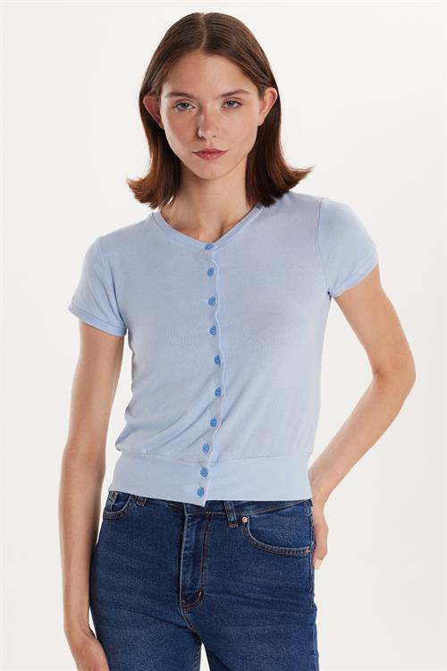 Kadın Slim Fit Dar Kesim Kısa Kollu Bisiklet Yaka Düğmeli Mavi Hırka