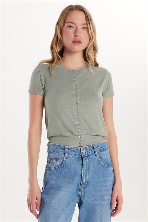 Kadın Slim Fit Dar Kesim Kısa Kollu Bisiklet Yaka Düğmeli Mint Hırka