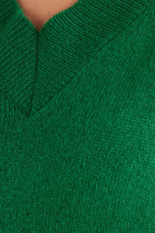 Kadın Slim Fit Dar Kesim V Yaka Yeşil Kazak