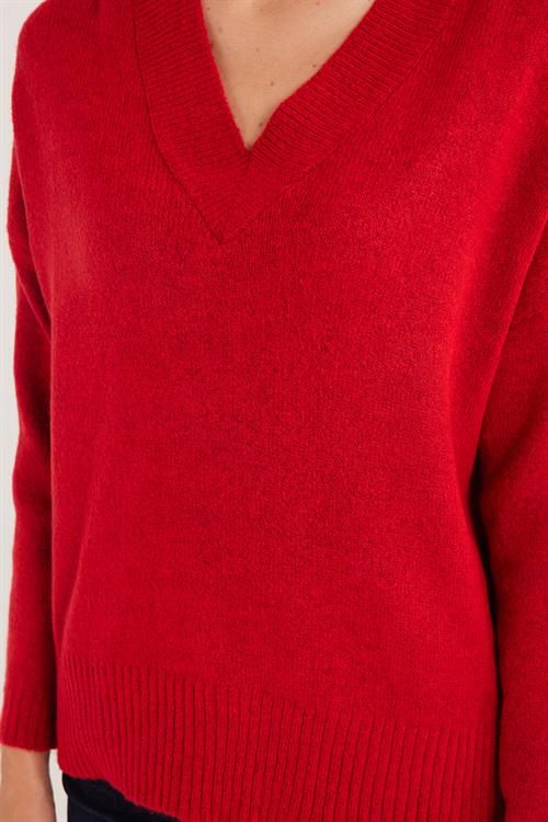Kadın Slim Fit Dar Kesim V Yaka Kırmızı Kazak