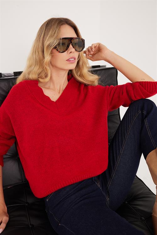 Kadın Slim Fit Dar Kesim V Yaka Kırmızı Kazak