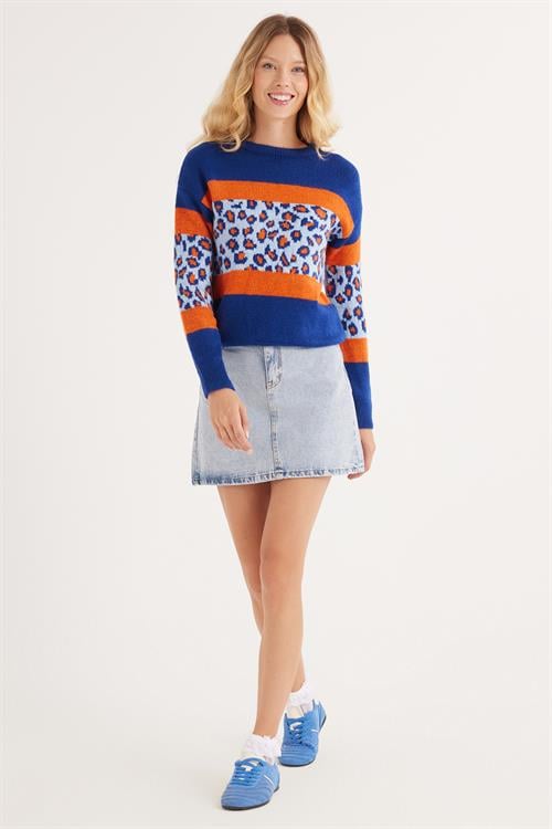 Kadın Slim Fit Dar Kesim Bisiklet Yaka Leopar Desenli Mavi Kazak