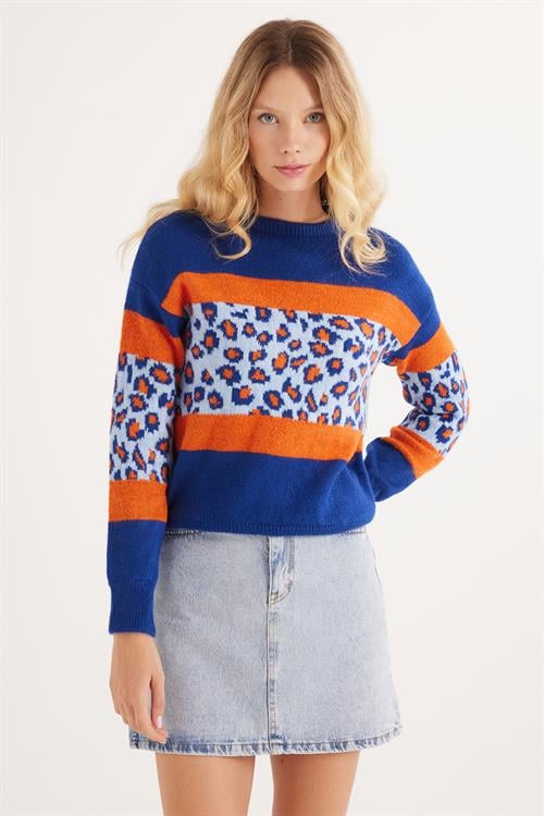 Kadın Slim Fit Dar Kesim Bisiklet Yaka Leopar Desenli Mavi Kazak