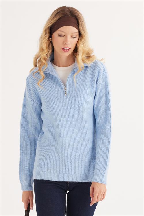 Kadın Oversize Geniş Kesim Dokumalı Fermuarlı Yaka Mavi Kazak