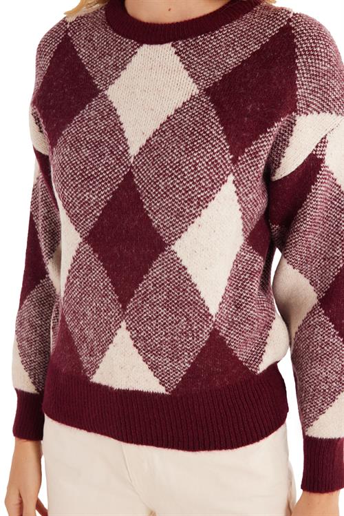 Kadın Slim Fit Dar Kesim Bisiklet Yaka Desenli Bordo Kazak