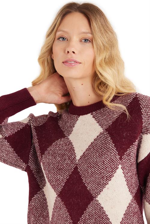 Kadın Slim Fit Dar Kesim Bisiklet Yaka Desenli Bordo Kazak