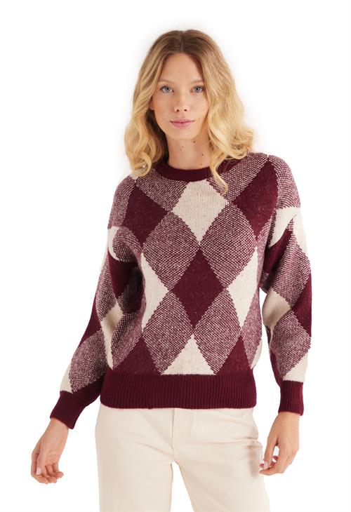 Kadın Slim Fit Dar Kesim Bisiklet Yaka Desenli Bordo Kazak