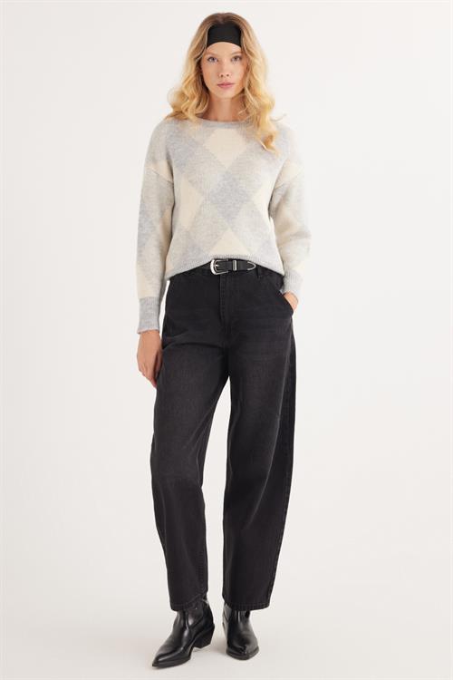 Kadın Slim Fit Dar Kesim Bisiklet Yaka Desenli Gri Kazak