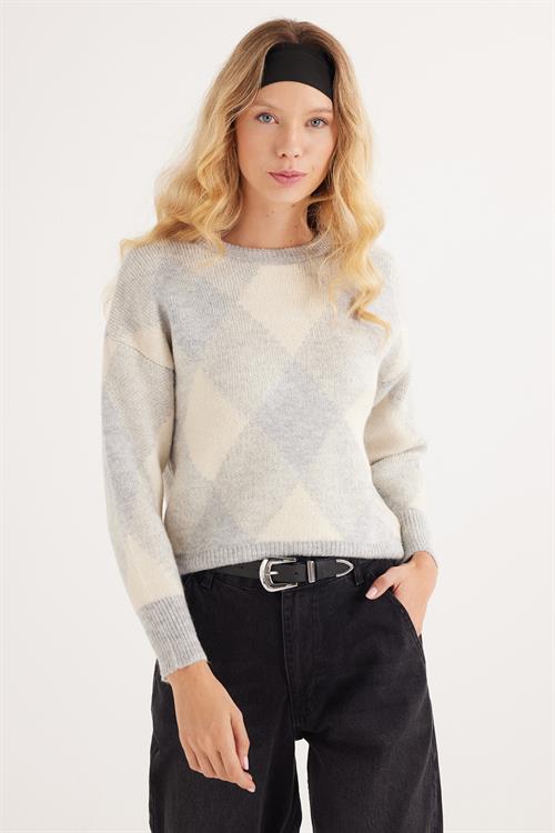 Kadın Slim Fit Dar Kesim Bisiklet Yaka Desenli Gri Kazak