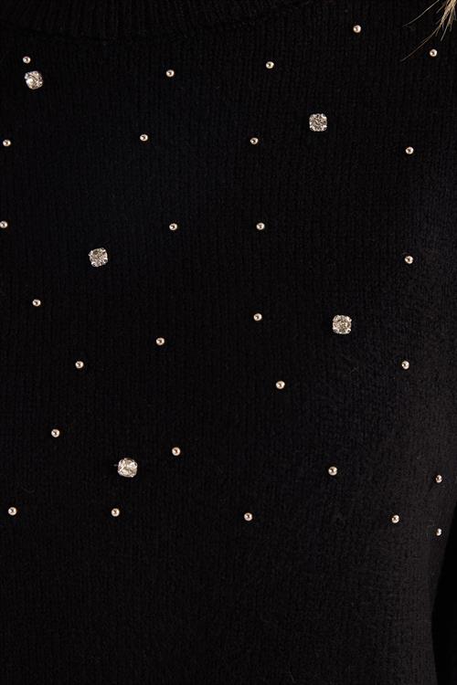 Kadın Slim Fit Dar Kesim Bisiklet Yaka İşlemeli Siyah Kazak