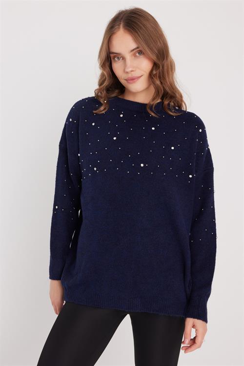Kadın Slim Fit Dar Kesim Bisiklet Yaka İşlemeli Lacivert Kazak