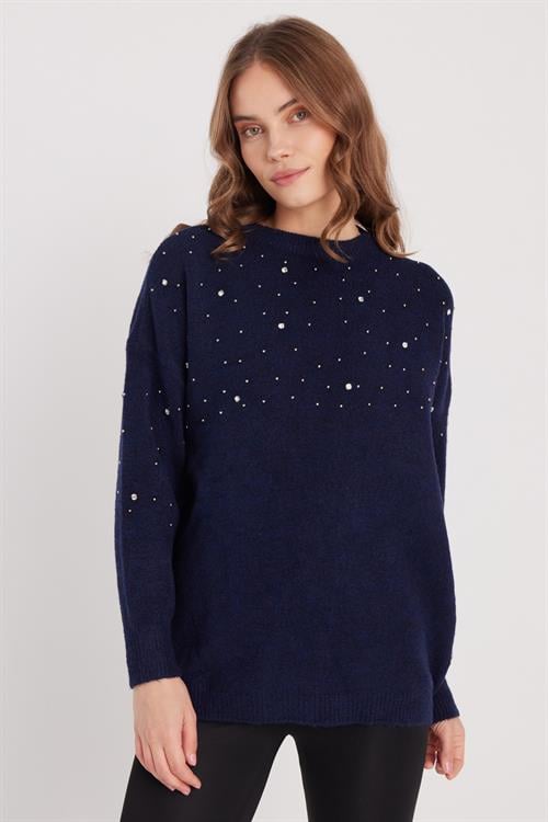 Kadın Slim Fit Dar Kesim Bisiklet Yaka İşlemeli Lacivert Kazak