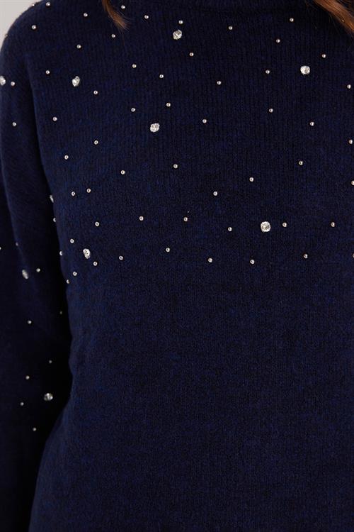 Kadın Slim Fit Dar Kesim Bisiklet Yaka İşlemeli Lacivert Kazak