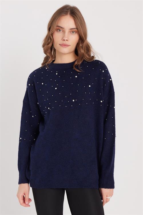 Kadın Slim Fit Dar Kesim Bisiklet Yaka İşlemeli Lacivert Kazak