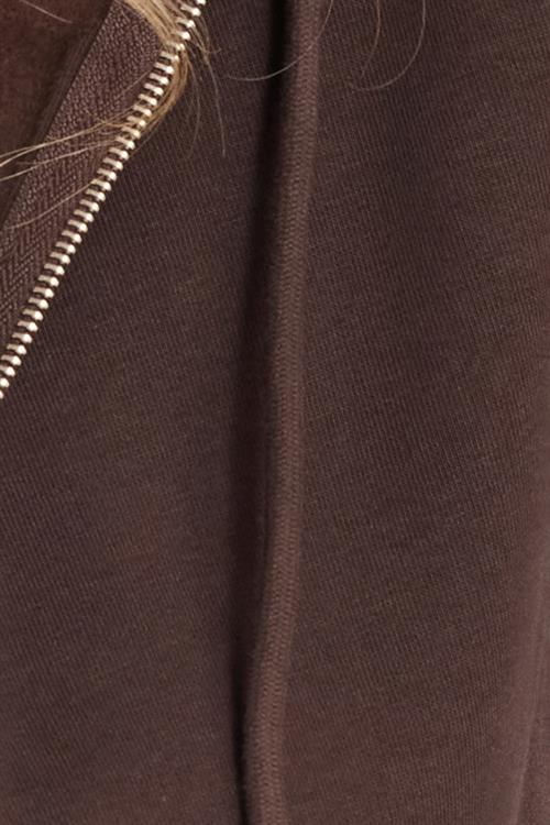 Kadın Slim Fit Dar Kesim Pamuklu Çift Cepli Kapüşonlu Fermuarlı Kahverengi Hırka
