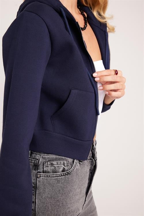 Kadın Slim Fit Dar Kesim Pamuklu Çift Çepli Kapüşonlu Fermuarlı Lacivert Hırka