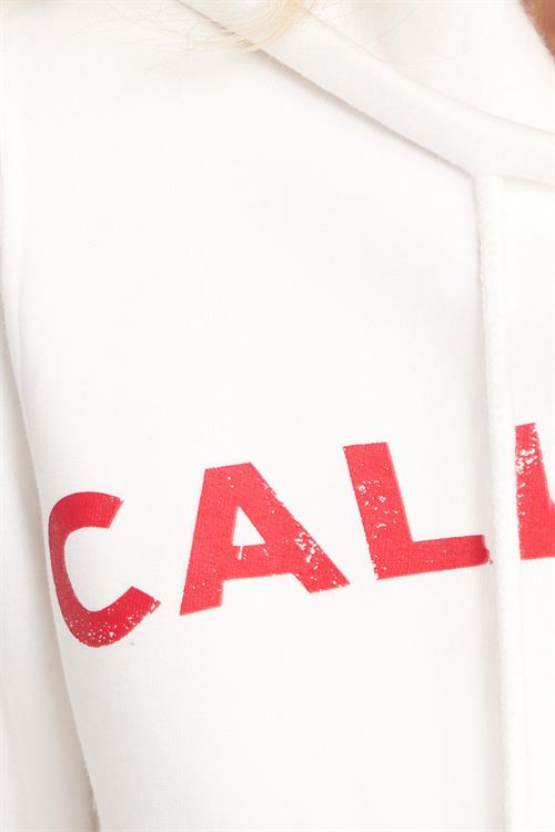 Kadın Slim Fit Dar Kesim Pamuklu Kapüşonlu Baskılı Ekru Hırka