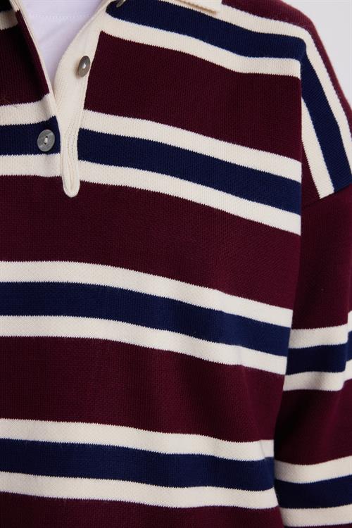 Kadın Regular Fit Klasik Kesim Çizgili Polo Yaka Bordo Kazak